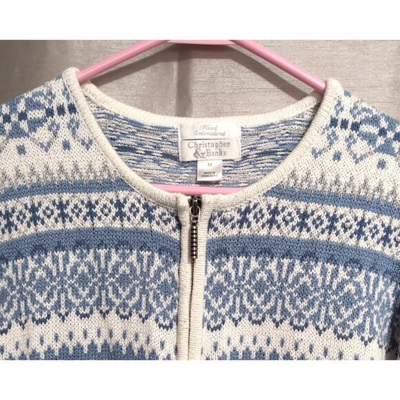 VTG Christopher & Banks Winter Blue White Cardigan Sweater MEDIUM Full Zip - Picture 12 of 16